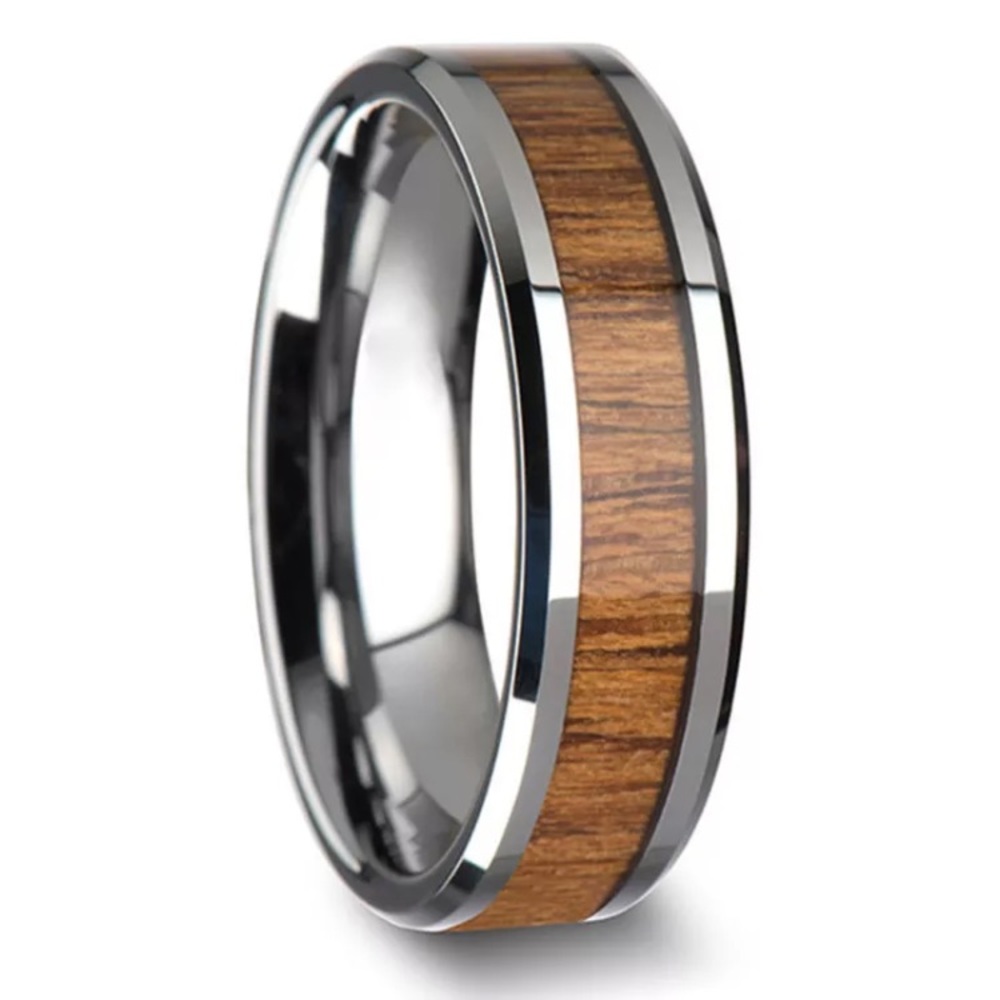 Silver Tungsten Wood Inlay 8mm Wide Bevel Edge Band Ring